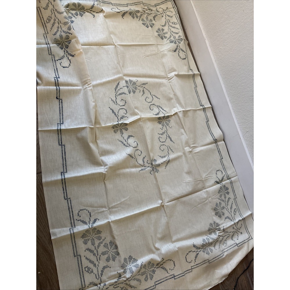 Vtg Embroidery Blue Cross Stitch Muslin Table Cream Cloth 55" x 33" Rectangle